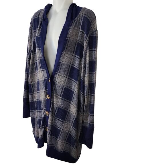 Maurices Hooded Cardigan Sweater Size XL Blue Gray Plaid Stretch V Neck Buttons - Picture 5 of 11